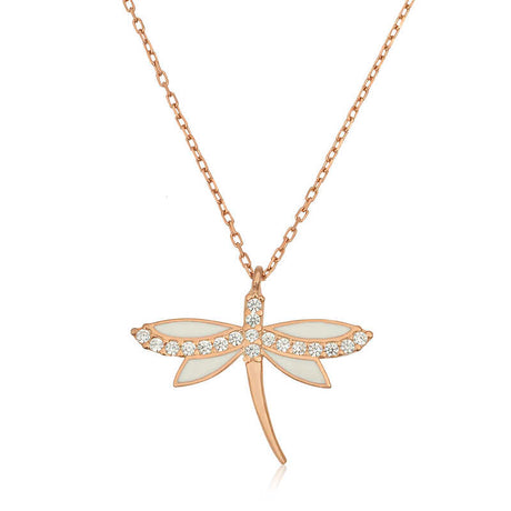 Necklace - Rose Gold Plated Sterling Silver Dragonfly with CZ & Inlay
