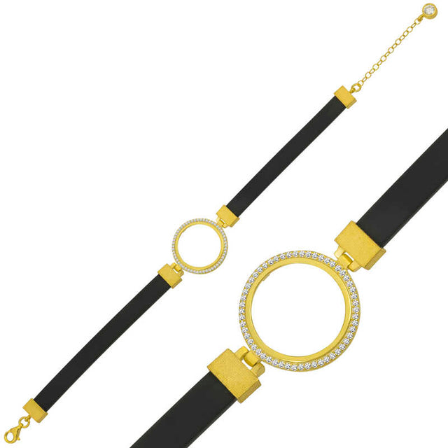 Gold Plated Coin Holder Bracelet with Black Strap & Zirconia