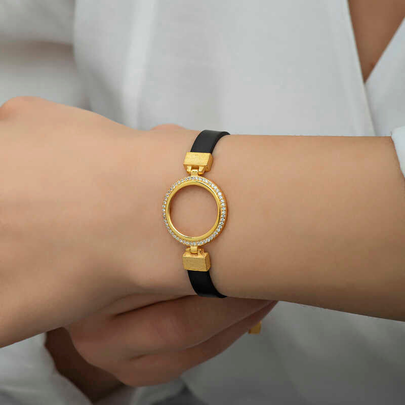 Gold Plated Coin Holder Bracelet with Black Strap & Zirconia