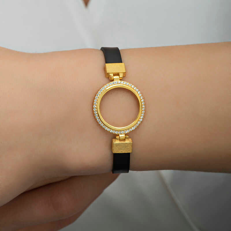 Gold Plated Coin Holder Bracelet with Black Strap & Zirconia
