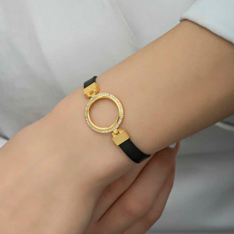 Gold Plated Coin Holder Bracelet with Black Strap & Zirconia