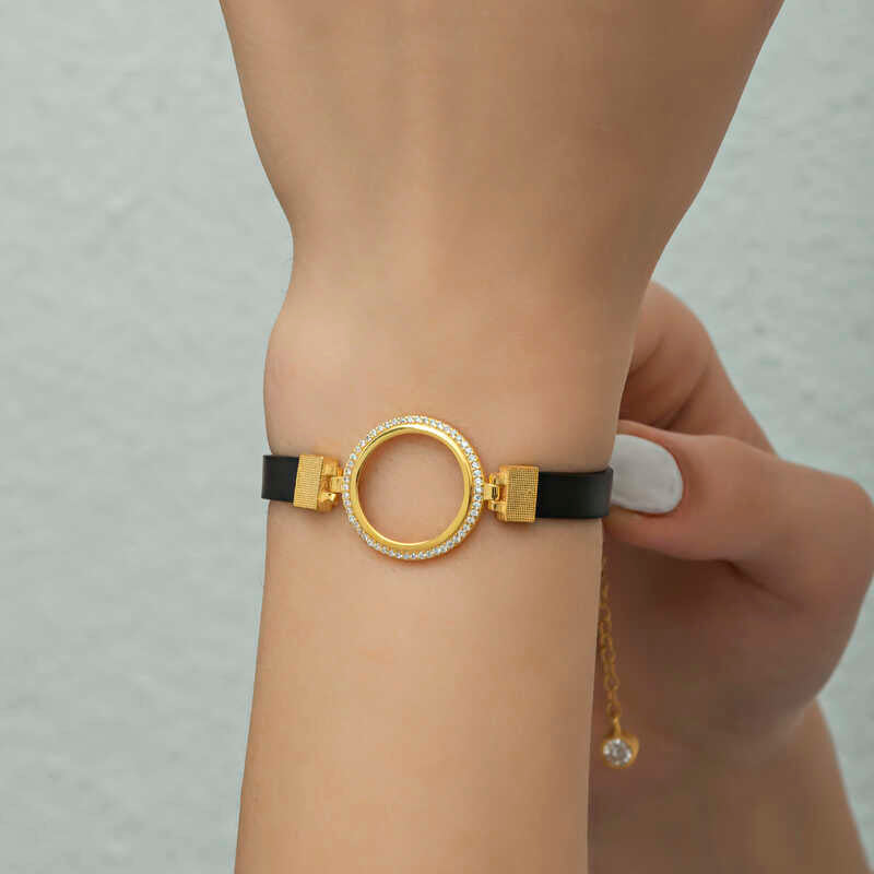 Gold Plated Coin Holder Bracelet with Black Strap & Zirconia