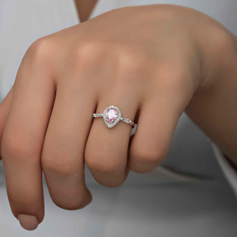 Ring - Sterling Silver Pink Pear Halo & Tapered Baguette Ring