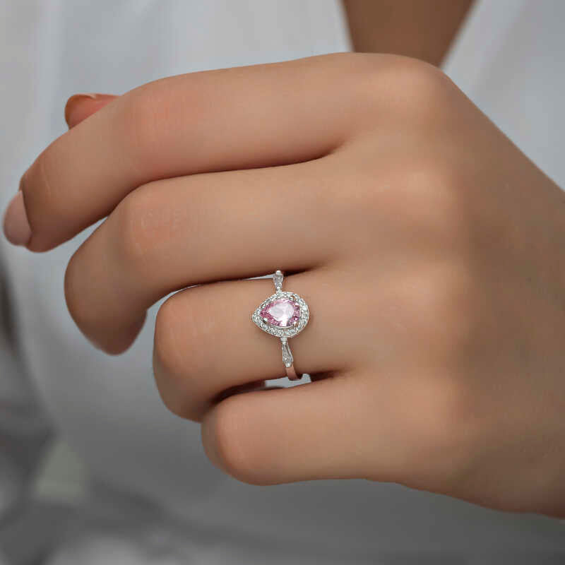 Ring - Sterling Silver Pink Pear Halo & Tapered Baguette Ring