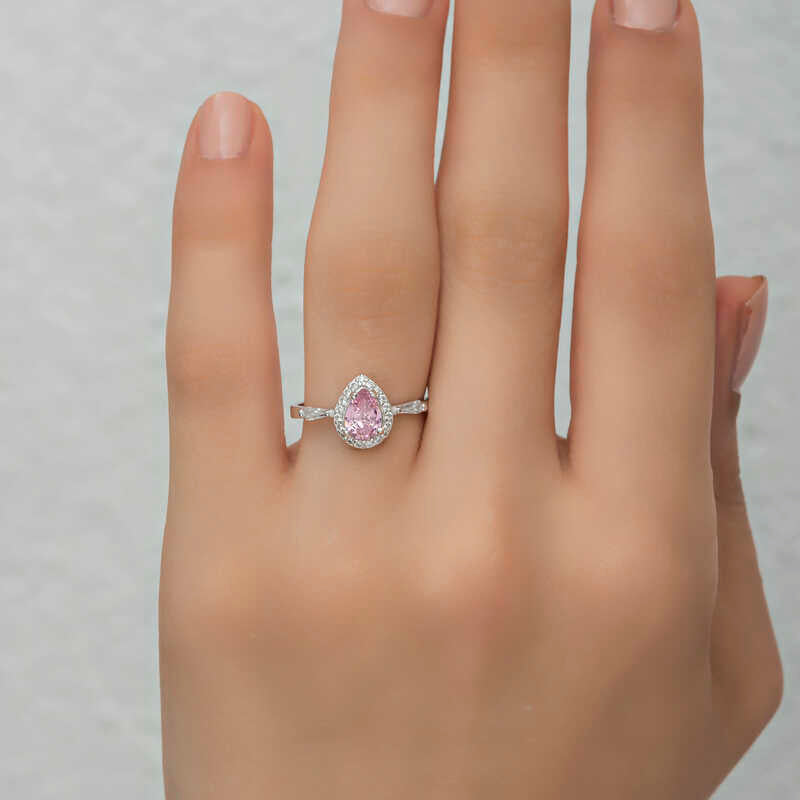 Ring - Sterling Silver Pink Pear Halo & Tapered Baguette Ring