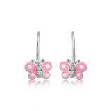 Sterling Silver Pink Enamel Butterfly Dangle Earrings with CZ