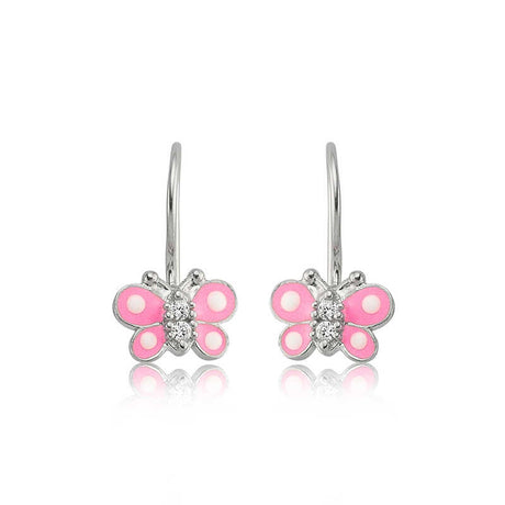 Sterling Silver Pink Enamel Butterfly Dangle Earrings with CZ