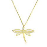 Necklace - Gold-Tone Dragonfly with White Enamel & Pave Zirconia