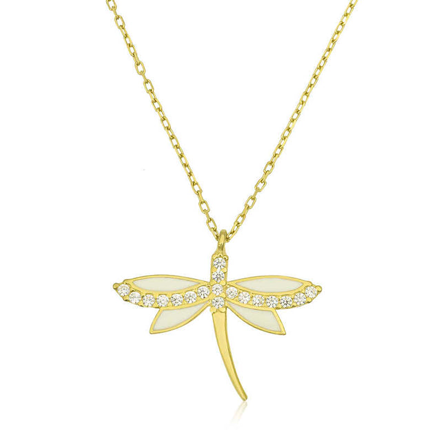 Necklace - Gold-Tone Dragonfly with White Enamel & Pave Zirconia