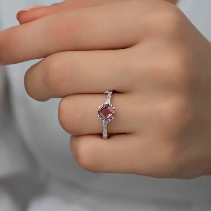 Ring - Sterling Silver Pink Solitaire & Baguette Accent Ring
