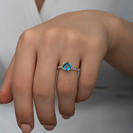 Ring - Sterling Silver Blue Cushion Cut Solitaire with Baguette Accents
