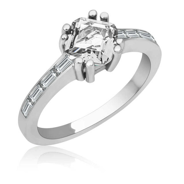 Sterling Silver Asscher Cut Solitaire Ring with Baguette Accents