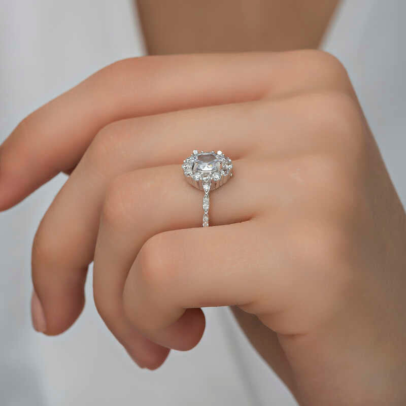 Ring - Sterling Silver Oval Halo Statement Ring with Twisted Band