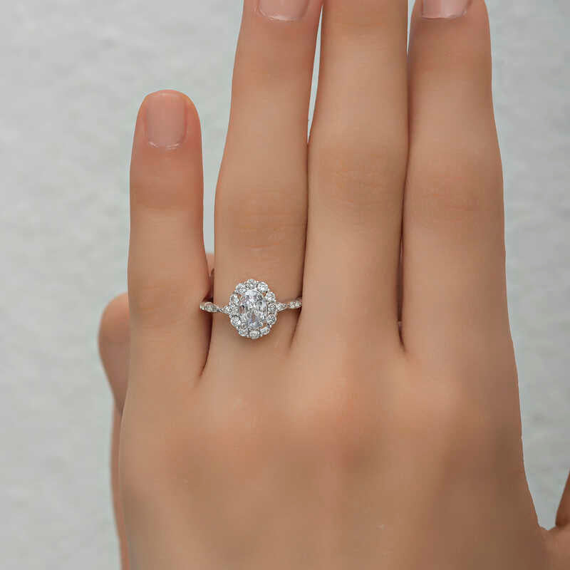 Ring - Sterling Silver Oval Halo Statement Ring with Twisted Band