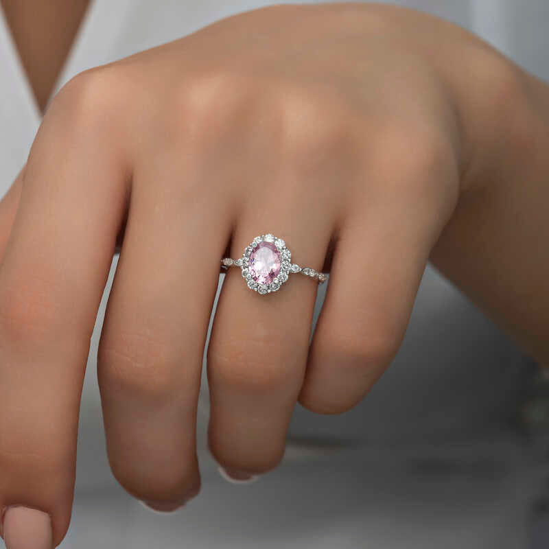 Ring - Sterling Silver Pink Oval Halo Zirconia Twisted Band