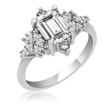 Silver Ring - Sparkling Emerald Cut & Cluster Clear Stone Design