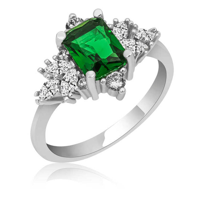 Sterling Silver Emerald-Cut Green & Zirconia Cluster Ring