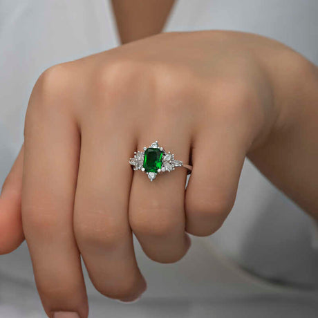 Sterling Silver Emerald-Cut Green & Zirconia Cluster Ring