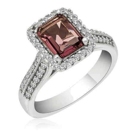 Sterling Silver - Emerald Cut Purple Stone Halo Ring with CZ Accents