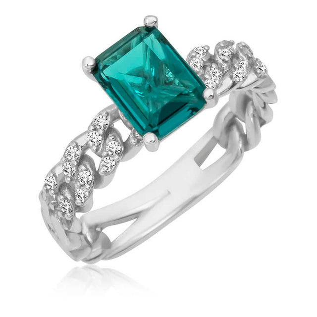 Ring - Sterling Silver Emerald Cut Green Gemstone Chain Link