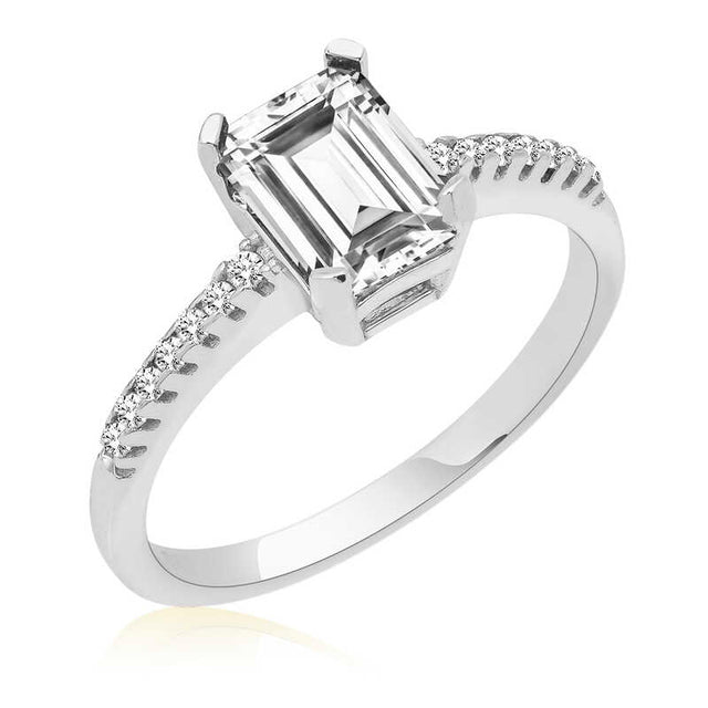 Sterling Silver Emerald-Cut Solitaire Ring with Sparkling Pave Accents