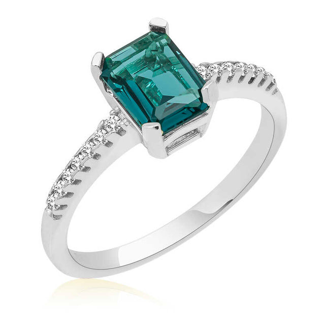 Ring - Sterling Silver Emerald-Cut Dark Green & Dazzling Accent