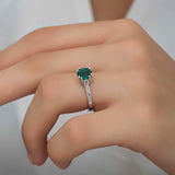 Ring - Sterling Silver Green Emerald Cut Solitaire with Baguettes
