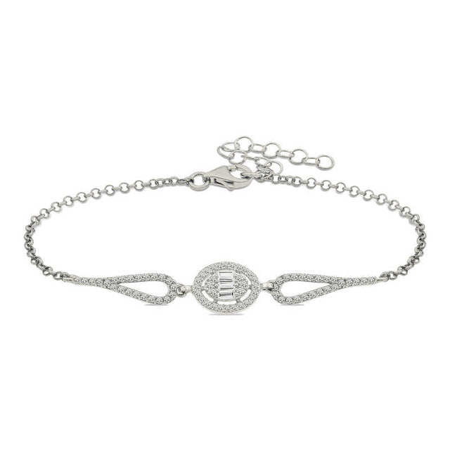 Sterling Silver - Rhodium Plated Baguette & Round Zirconia Bracelet