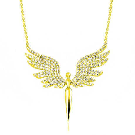 Gold-Tone Angel Wing Necklace - Sparkling Zirconia Pendant