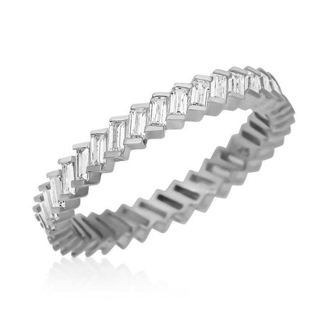 Ring - Sterling Silver Rhodium Plated Zigzag Baguette Eternity