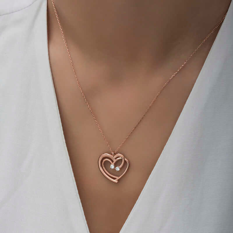 Rose Gold Plated Silver - Intertwined Hearts Necklace with Zirconia