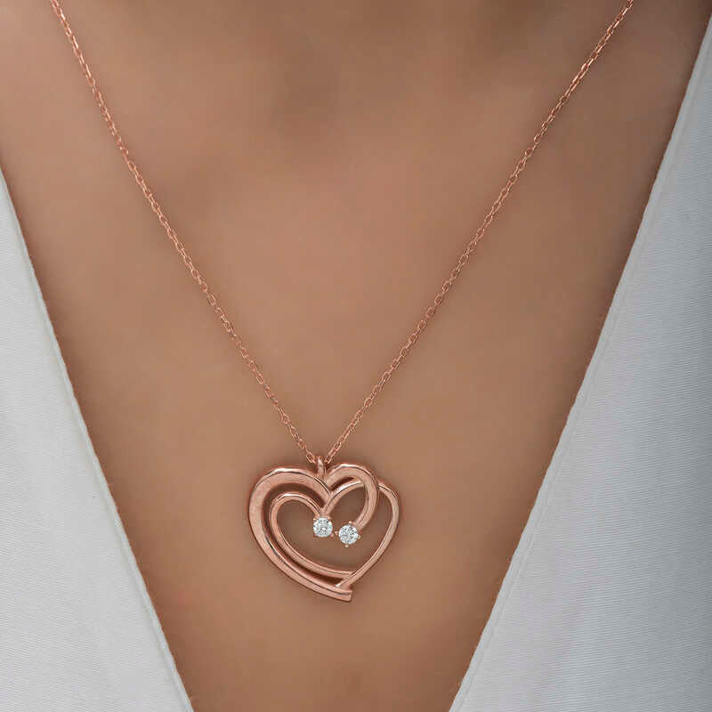 Rose Gold Plated Silver - Intertwined Hearts Necklace with Zirconia