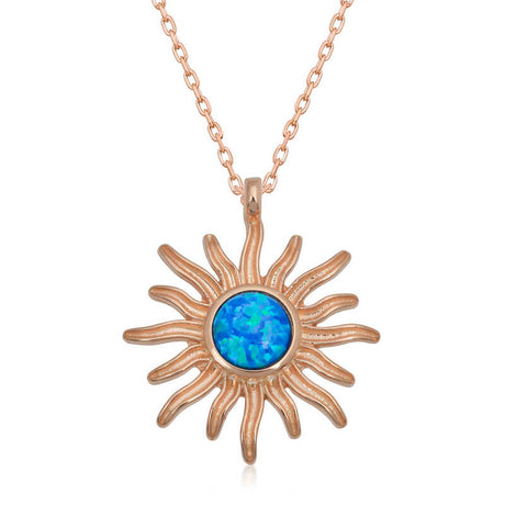 Rose Gold Plated Necklace - Blue Opal Celestial Sun Pendant