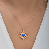 Rose Gold Plated Necklace - Blue Opal Celestial Sun Pendant