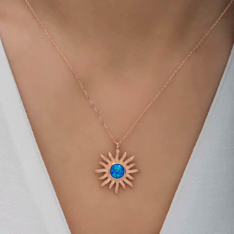 Rose Gold Plated Necklace - Blue Opal Celestial Sun Pendant