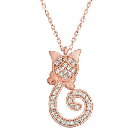Necklace - Rose Gold Plated Sparkling Cubic Zirconia Cat Pendant