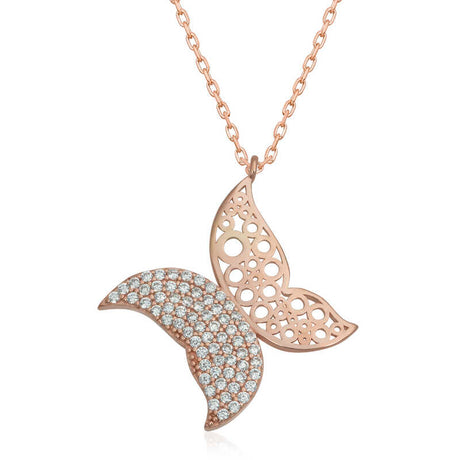 Rose Gold Plated Butterfly Necklace - Cubic Zirconia & Filigree Design