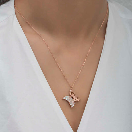 Rose Gold Plated Butterfly Necklace - Cubic Zirconia & Filigree Design