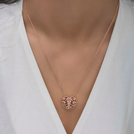 Rose Gold Plated Sterling Silver Heart Necklace - Dazzling Celtic Knot Design