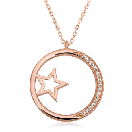 Necklace - Rose Gold Plated Star & Circle Pendant with Sparkle