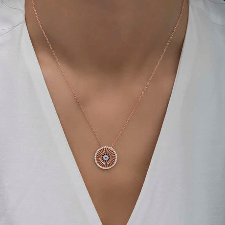 Rose Gold Plated Silver - Sparkling Evil Eye Medallion Necklace
