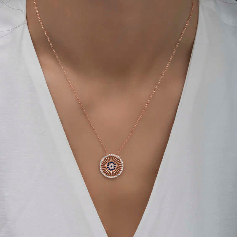Rose Gold Plated Silver - Sparkling Evil Eye Medallion Necklace