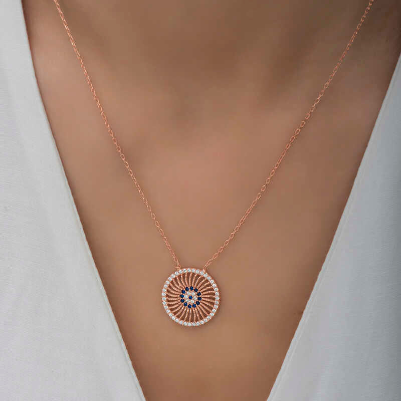 Rose Gold Plated Silver - Sparkling Evil Eye Medallion Necklace