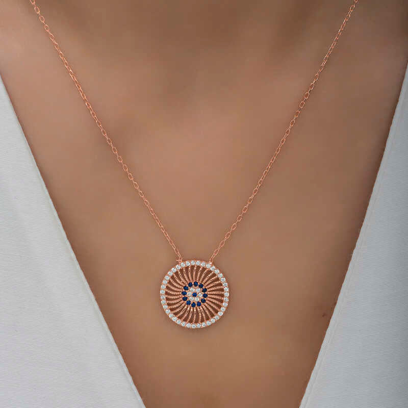 Rose Gold Plated Silver - Sparkling Evil Eye Medallion Necklace