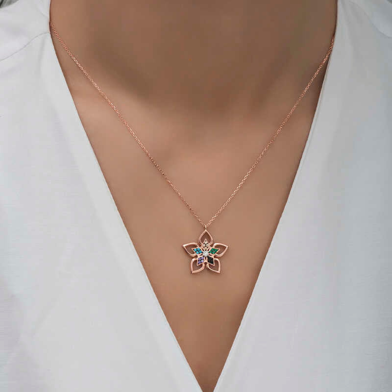 Rose Gold Plated Multi-Stone Flower Necklace - Elegant Bloom