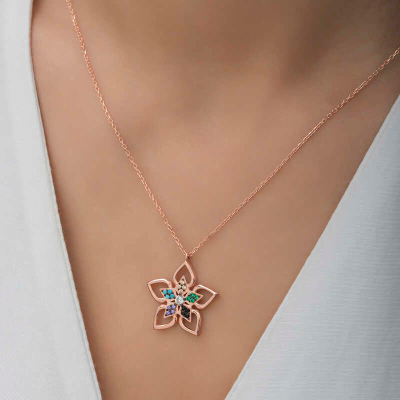 Rose Gold Plated Multi-Stone Flower Necklace - Elegant Bloom