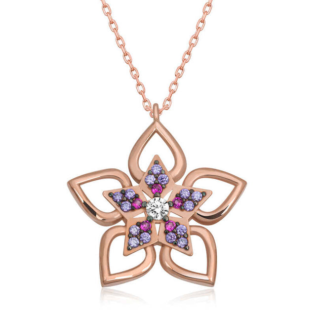 Rose Gold Tone Flower Necklace - Sparkling Multi-Stone Floral Design