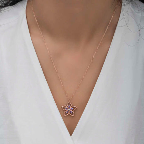 Rose Gold Tone Flower Necklace - Sparkling Multi-Stone Floral Design