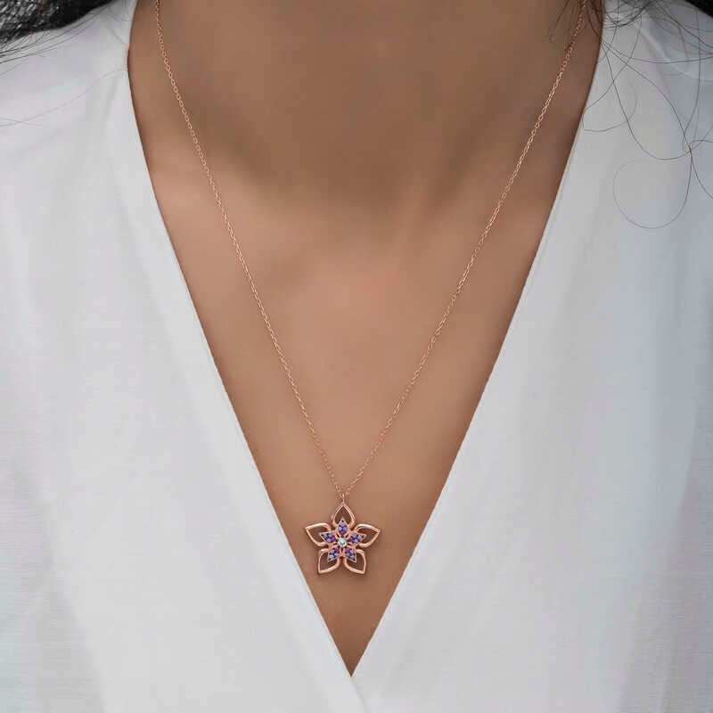 Rose Gold Tone Flower Necklace - Sparkling Multi-Stone Floral Design