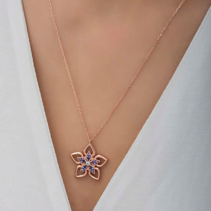 Rose Gold Tone Flower Necklace - Sparkling Multi-Stone Floral Design